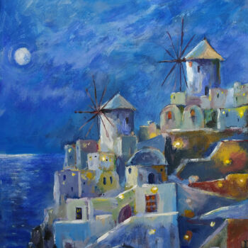 Картина под названием "Blue Sentorini Nigh…" - Faruk Köksal, Подлинное произведение искусства, Акрил