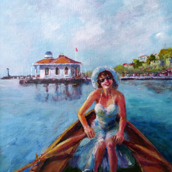 Painting titled "Lady in a rowboat" by Faruk Köksal, Original Artwork, Acrylic Mounted on Wood Stretcher frame