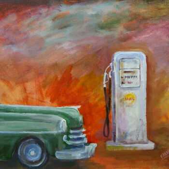 Painting titled "Green Automobile an…" by Faruk Köksal, Original Artwork, Acrylic Mounted on Wood Stretcher frame