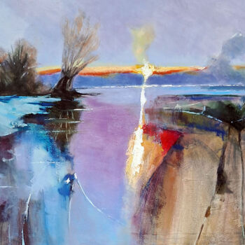 Painting titled "Tramonto in Barena" by Fausto Dipinti, Original Artwork, Oil Mounted on Wood Stretcher frame