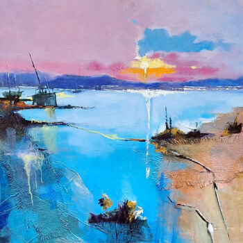 Painting titled "Tramonto al porto" by Fausto Dipinti, Original Artwork, Oil Mounted on Wood Stretcher frame