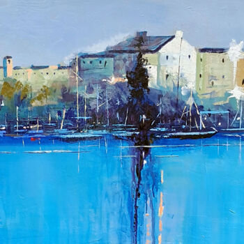 Painting titled "Veduta dal lago" by Fausto Dipinti, Original Artwork, Oil Mounted on Wood Stretcher frame