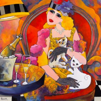 Painting titled "Champagne pour Mada…" by Fauve, Original Artwork, Acrylic Mounted on Wood Stretcher frame