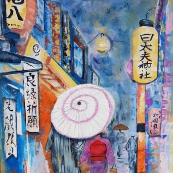 Painting titled "Rue de Osaka" by Faver, Original Artwork, Acrylic Mounted on Wood Stretcher frame