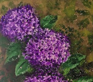 Painting titled "Les hortensias" by Faver, Original Artwork, Acrylic Mounted on Wood Stretcher frame