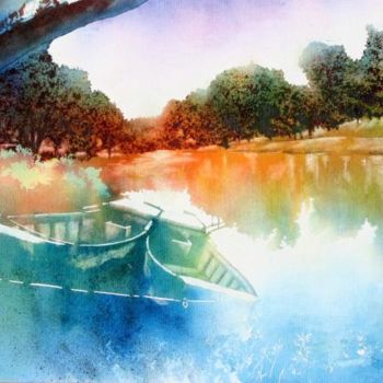 Peinture intitulée "Barques à Vernaison" par Francis Cordina, Œuvre d'art originale
