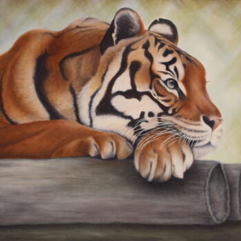 Malerei mit dem Titel "TIGRE AU REPOS" von Frederique Dallois, Original-Kunstwerk, Öl