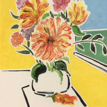 Pintura titulada "Bouquet sur fond ja…" por Francis Denis, Obra de arte original, Oleo