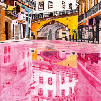 Peinture intitulée "Pink Street" par Federico José Rivas Moreno, Œuvre d'art originale, Aquarelle
