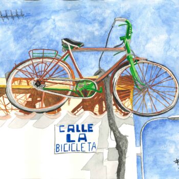 Painting titled "Calle La Bicicleta" by Federico José Rivas Moreno, Original Artwork, Watercolor