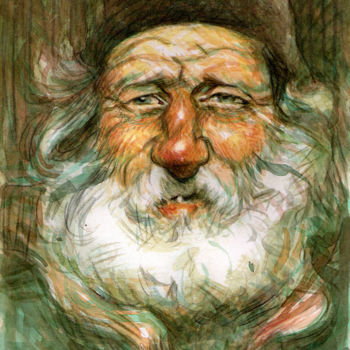 Pintura intitulada "Portrait d'un vieil…" por Federico Milano, Obras de arte originais, Aquarela