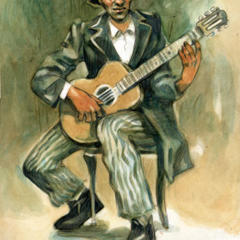 Schilderij getiteld "Guitariste" door Federico Milano, Origineel Kunstwerk, Aquarel