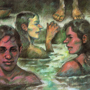 Tekening getiteld "Dans la piscine" door Federico Milano, Origineel Kunstwerk, Pastel