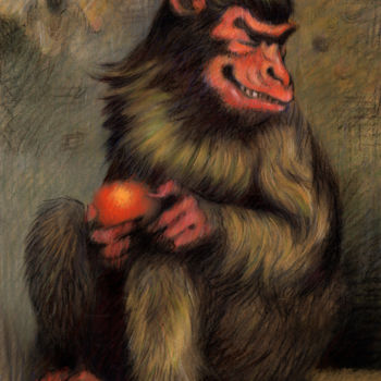 Schilderij getiteld "Singe avec a fruit" door Federico Milano, Origineel Kunstwerk, Pastel