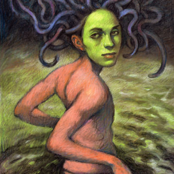 Painting titled "Masque vert" by Federico Milano, Original Artwork, Pastel