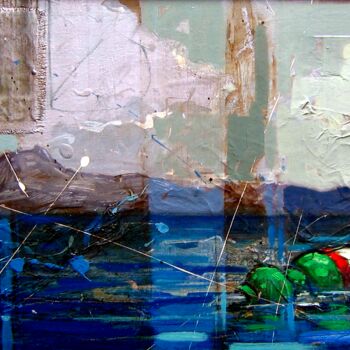 Painting titled "Bottiglia sul mare" by Federico Pisciotta, Original Artwork, Oil Mounted on Wood Stretcher frame