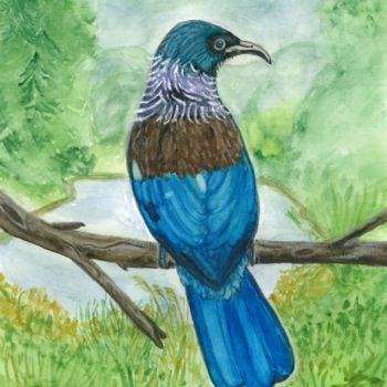 Painting titled "Tui Honigfresser" by Katrin Schröder, Original Artwork, Watercolor