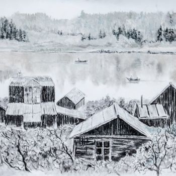 Рисунок под названием "Забытая деревня" - Егор Федоров, Подлинное произведение искусства, Древесный уголь