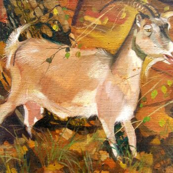 Painting titled "Goat Bella" by Fedor Zubkov, Original Artwork, Oil Mounted on Wood Stretcher frame