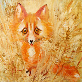Painting titled "Little fox" by Fedor Zubkov, Original Artwork, Oil Mounted on Other rigid panel