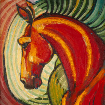 Painting titled ""My Red horse"" by Fefa Koroleva, Original Artwork, Oil Mounted on Wood Stretcher frame