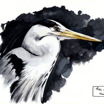 Ζωγραφική με τίτλο "Heron-cendre.jpg" από Feldrik Rivat, Αυθεντικά έργα τέχνης, Ακουαρέλα