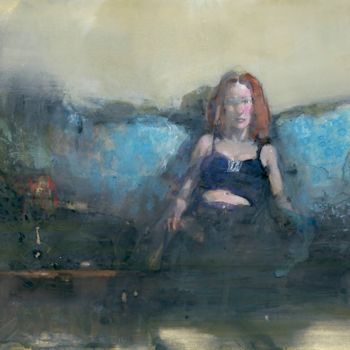 Malerei mit dem Titel "Redhead On Blue Sofa" von Felipe Echevarria, Original-Kunstwerk, Gouache