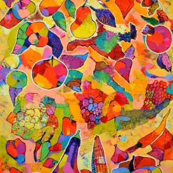 Painting titled "Fruits" by Vyara&Art, Original Artwork, Oil Mounted on Wood Stretcher frame