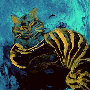 Pintura titulada "Лунный кот." por Irina Dubinina, Obra de arte original, Témpera