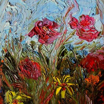 「Алые цветы.」というタイトルの絵画 Irina Dubininaによって, オリジナルのアートワーク, オイル