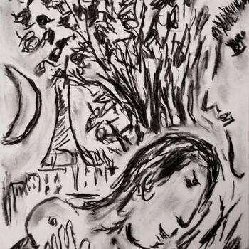 Drawing titled "Los Amantes Chagall" by Fernando Rubio, Original Artwork, Charcoal