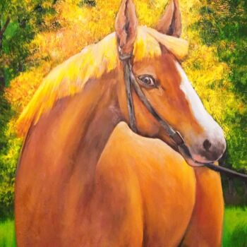 Painting titled "Рыжий конь в лесу R…" by Ferrumi, Original Artwork, Oil Mounted on Wood Stretcher frame