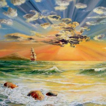 Ζωγραφική με τίτλο "Спокойное море в зо…" από Fesenkos, Αυθεντικά έργα τέχνης, Λάδι