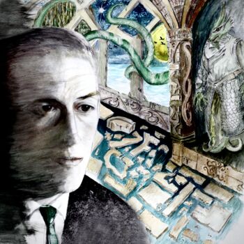 Ζωγραφική με τίτλο "H.P Lovecraft / ori…" από Gilles David, Αυθεντικά έργα τέχνης, Ακρυλικό Τοποθετήθηκε στο Ξύλινο φορείο σ…