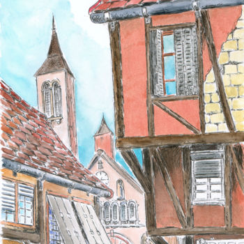 Dessin intitulée "Vieux centre ville" par Fidel Durana, Œuvre d'art originale