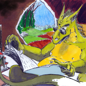 Dessin intitulée "Dragon lecteur" par Fidel Durana, Œuvre d'art originale, Photographie numérique