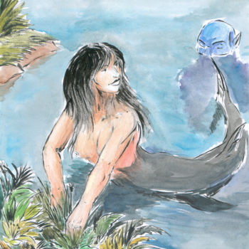 Dessin intitulée "Sirène" par Fidel Durana, Œuvre d'art originale, Encre