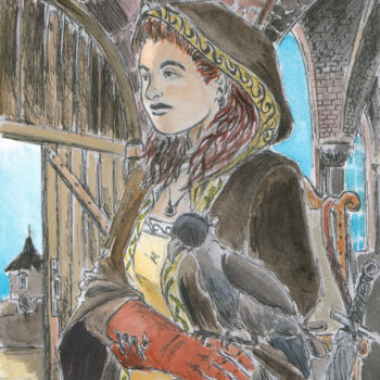 Zeichnungen mit dem Titel "Lady Hawk" von Fidel Durana, Original-Kunstwerk, Tinte
