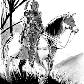 Dessin intitulée "Chevalier à cheval" par Fidel Durana, Œuvre d'art originale, Encre