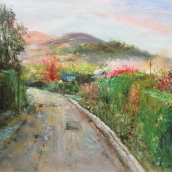 Painting titled "Country road" by Field Lynn, Original Artwork, Oil Mounted on Wood Stretcher frame