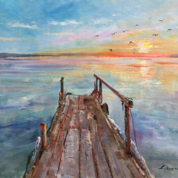 Painting titled "Sunrise" by Field Lynn, Original Artwork, Oil Mounted on Wood Stretcher frame