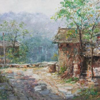 Painting titled "Village house" by Field Lynn, Original Artwork, Oil Mounted on Wood Stretcher frame