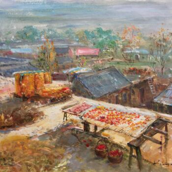Painting titled "Village view" by Field Lynn, Original Artwork, Oil Mounted on Wood Stretcher frame