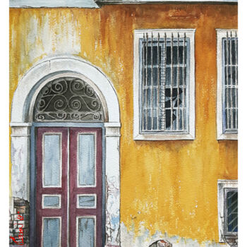 Painting titled "Yellow old house" by Fikret Özcan, Original Artwork, Watercolor