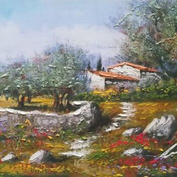 Pintura intitulada "Village acrylic pri…" por Filip Petrovic, Obras de arte originais, Acrílico
