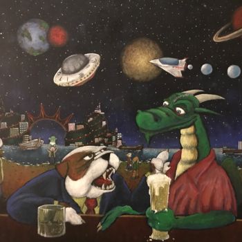 Painting titled "A drink at space" by Filipe Portela, Original Artwork, Oil