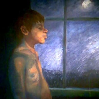 Painting titled "Moonboy" by Peter Abbott, Original Artwork, Oil