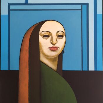 Painting titled "Femme au bijou" by Flavien Couche, Original Artwork, Acrylic Mounted on Wood Stretcher frame