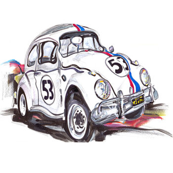 「Herbie, The Beetle…」というタイトルの絵画 Flávio Mirandaによって, オリジナルのアートワーク, グワッシュ水彩画