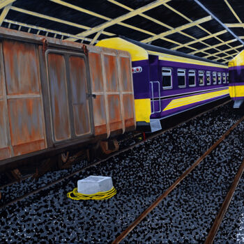 「Le train de la vie」というタイトルの絵画 Flo.Lysineによって, オリジナルのアートワーク, アクリル ウッドストレッチャーフレームにマウント
